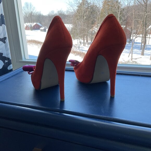 Jeffrey Campbell Orange Platform Pumps with Fushia Bows - Picture 3 of 5